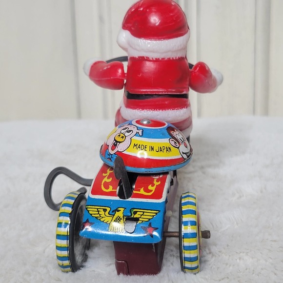 VTG Japan Mechanical WindUp Tin Celluloid Bell Toy Santa Bike Tricycle✨️WORKS - Picture 3 of 13